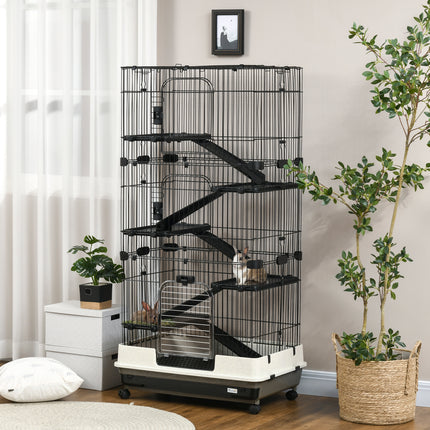 32" 6-Tier Large Small Animal Cage – Rolling Rabbit Hutch & Ferret Habitat – 6-Level Pet Mansion with Slide-Out Tray & Ramps
