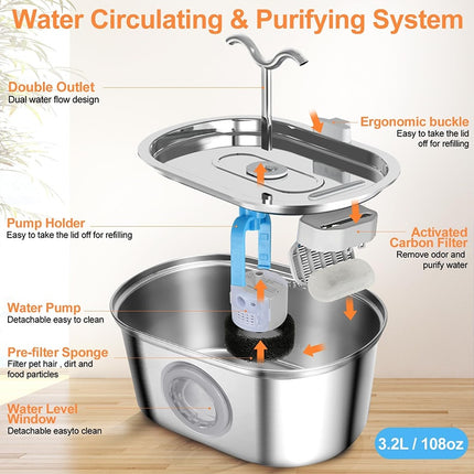 3.2L Stainless Steel Pet Water Fountain – Cowhorn Design Automatic Dispenser – Ultra-Quiet with 4 Replacement Filters for Dogs & Cats