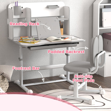 Height Adjustable Kids Desk and Chair Set – Ergonomic Study Table with Tilted Desktop – Large Storage Drawer & Reading Stand – Grey Children’s Workstation