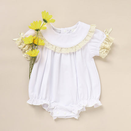 Baby Girl White Lace Smocked Romper – Vintage Floral Embroidery Bubble Jumpsuit – Elegant Wedding & Christening Outfit