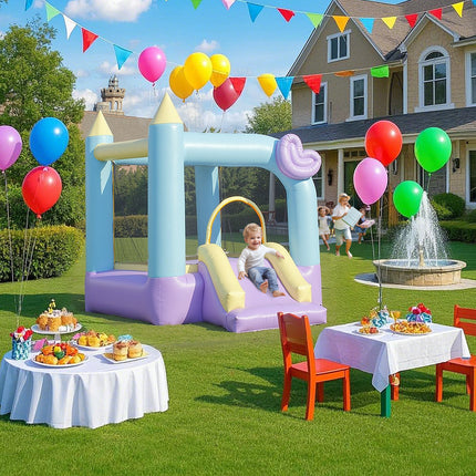 Kids Inflatable Bounce House with Slide – Includes Air Blower, Stakes & Storage Bag – 8ft x 5.4ft Jumping Castle for Toddlers Ages 3-8 – Indoor & Outdoor Fun