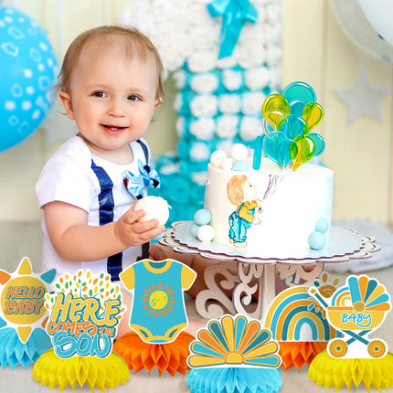 14 Pcs "Here Comes the Son" Baby Shower Centerpieces – Boho Sunshine & Rainbow Honeycomb Table Decor – Gender Reveal & First Birthday Party Supplies