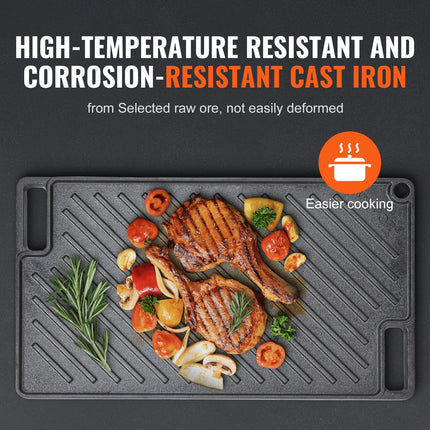 Heavy-Duty Cast Iron Griddle for Gas Stove & BBQ – Large Rectangular Non-Stick Double Play Pan – Perfect for Steaks & Pancakes