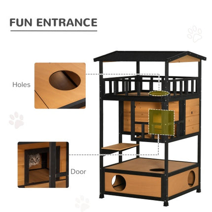 AuraShelter™ Outdoor Wooden Cat House – Weatherproof Wild Cat Shelter – Elevated Outdoor Kitten House with Waterproof Roof for Garden & Patio