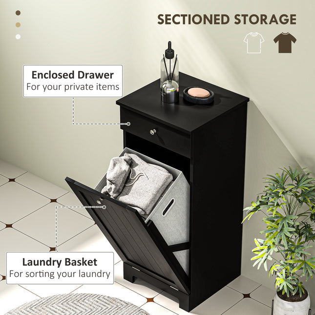 Tilt-Out Laundry Hamper Cabinet – Wooden Bathroom Storage Organizer with Drawer and Removable Basket – Elegant Black Finish