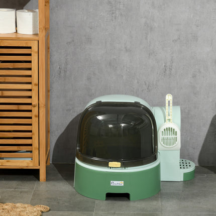 High-Sided Open Cat Litter Box – Anti-Splashing Kitty Litter Pan with Scoop – Easy-to-Clean Modern Pet Washroom (Green)