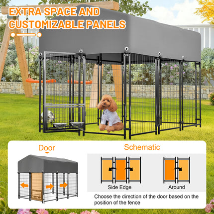Heavy Duty Outdoor Dog Kennel with 360° Rotating Feeder – 5.8ft Welded Wire Pet Enclosure – UV-Resistant Waterproof Roof & Double-Lock Safety
