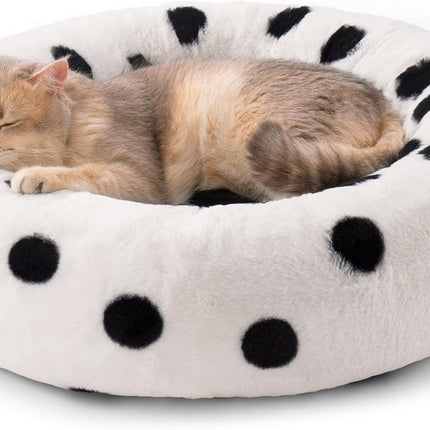 Mewoofun 23-Inch Donut Cat Bed – Black Dot Patterned Round Plush Pet Bed – Calming Anxiety-Relief Bed for Indoor Cats & Small Dogs