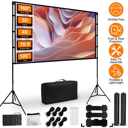 Portable Projector Screen with Stand (100"/120" Options) – 4K HD Wrinkle-Free Movie Screen – Front & Rear Projection Foldable Screen with Carry Bag for Outdoor Cinema