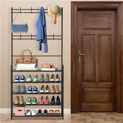 All-in-One Entryway Coat Rack & Shoe Bench – Industrial Hall Tree with Hat Hooks & 3-Tier Storage Shelves – Freestanding Garment Organizer