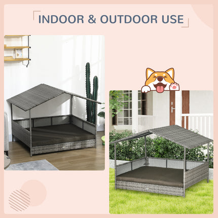 Luxury Rattan Outdoor Dog Bed with Removable Canopy – All-Weather Wicker Pet Daybed – Charcoal Gray Sofa with Washable Cushion for Medium & Large Dogs