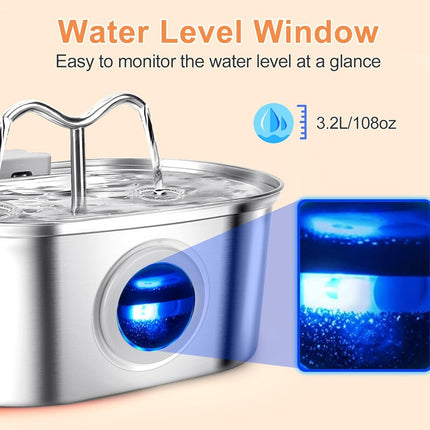 3.2L Stainless Steel Pet Water Fountain – Cowhorn Design Automatic Dispenser – Ultra-Quiet with 4 Replacement Filters for Dogs & Cats