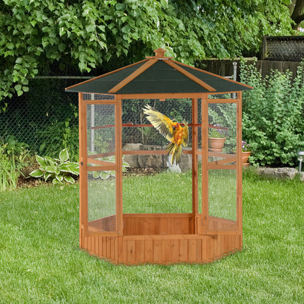 69" Wooden Hexagonal Outdoor Aviary – Deluxe Flight Bird Cage with Weather-Resistant Covered Roof – Large Outdoor Bird House in Classic Brown