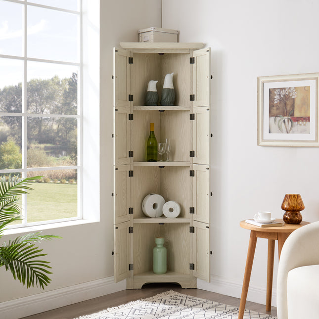 72-Inch Tall Corner Kitchen Pantry Storage Cabinet – 4-Tier Space-Saving Organizer with 8 Doors for Farmhouse Living Rooms & Bathrooms