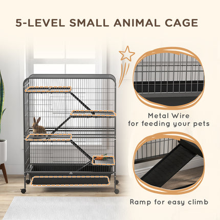 53.5” 5-Tier Large Small Animal Cage – Heavy Duty Metal Ferret & Rabbit Hutch with Ramps – Indoor Pet Mansion on Wheels for Chinchillas & Guinea Pigs