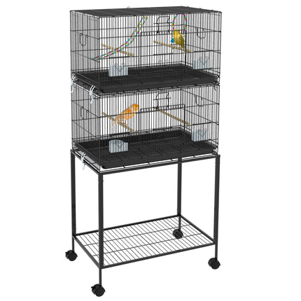 Double Stackable Bird Cage with Rolling Stand – 2-Tier Wrought Iron Flight Cage for Canaries & Finches – Detachable Breeding Cage on Wheels