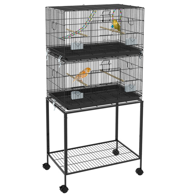 Double Stackable Bird Cage with Rolling Stand – 2-Tier Wrought Iron Flight Cage for Canaries & Finches – Detachable Breeding Cage on Wheels