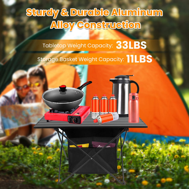 Aluminum Roll-Up Camping Table with Storage Mesh Basket – Lightweight Portable Picnic Table – Rustproof Folding Table for Hiking, BBQ & Fishing