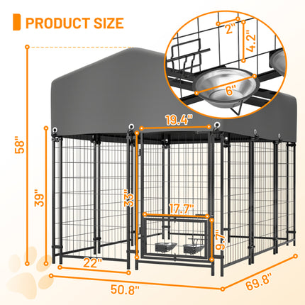 Heavy Duty Outdoor Dog Kennel with 360° Rotating Feeder – 5.8ft Welded Wire Pet Enclosure – UV-Resistant Waterproof Roof & Double-Lock Safety