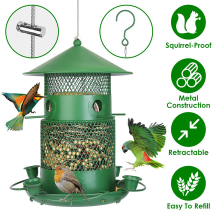 All-Metal Squirrel-Proof Bird Feeder – Chew-Proof Hanging Seed Dispenser with 360° Circular Perch & Integrated Water Cups – Heavy Duty Outdoor Feeder