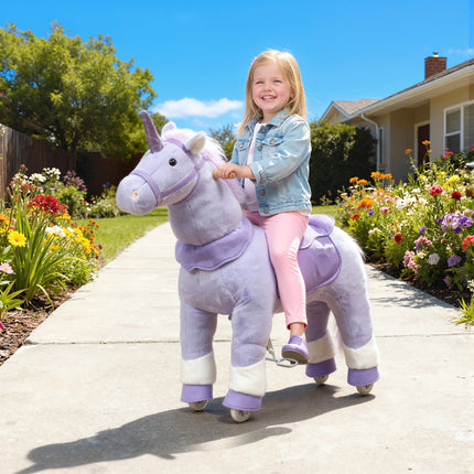 Plush unicorn rocking horse ride-on with PU wheels