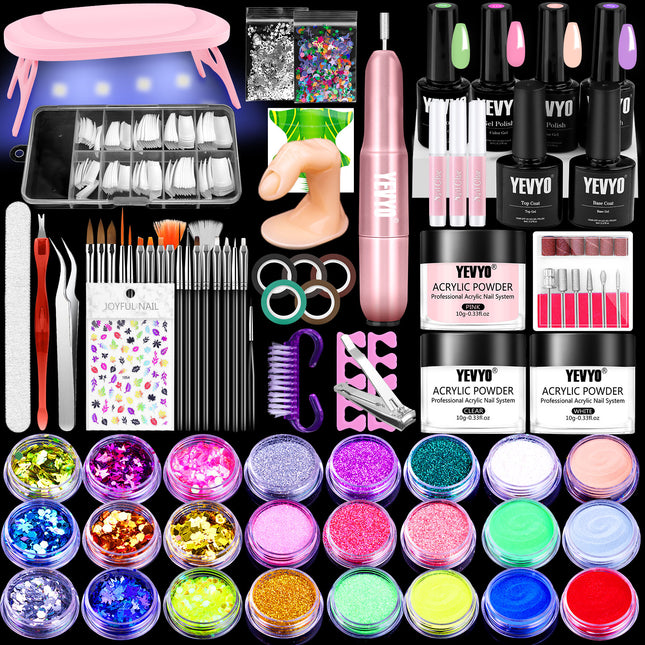 All-in-One Acrylic Nail Kit with UV Light & Electric Nail Drill – 4 Colors Gel Polish Starter Set – Professional Nail Extension Kit for Beginners & DIY Salon