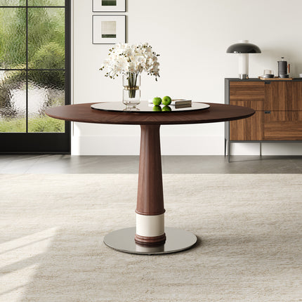 Round Solid Wood Dining Table with Tempered Glass Lazy Susan – Pedestal Base Kitchen Table for Modern Dining Rooms
