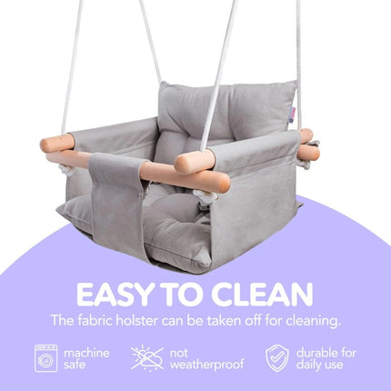 Premium Canvas & Wooden Baby Swing – Indoor/Outdoor Hanging Seat with Safety Belt – Modern Boho Infant Swing Chair – Taupe Gray