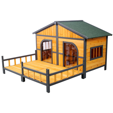 XL Double Wooden Dog House with Front Porch – Large Outdoor Pet Kennel with Elevated Floor – Weatherproof Twin-Room Dog Villa (Natural Wood)