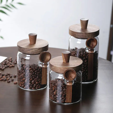 Clear Glass Food Storage Jars (3 Pack) – Built-in Serving Spoons & Natural Bamboo Lids – Perfect for Sugar, Tea & Seasoning