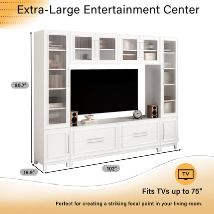Vibe Haus 102" Modern White Entertainment Center – Large Wall Unit for TVs up to 75" – Minimalist Media Console with Glass Doors & Storage Drawer