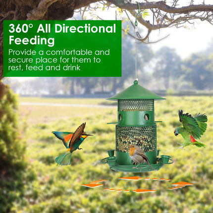 All-Metal Squirrel-Proof Bird Feeder – Chew-Proof Hanging Seed Dispenser with 360° Circular Perch & Integrated Water Cups – Heavy Duty Outdoor Feeder