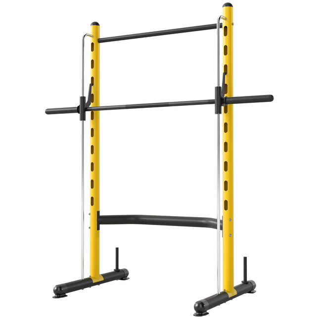 Pro-Series Adjustable Half Squat Rack – Yellow/Black Heavy-Duty Power Stand with Pull-Up Bar – Multi-Function Bench Press Station