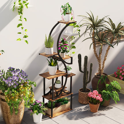 62" Tall S-Shaped Plant Stand – 8-Tier Wood Plant Shelf with Carbonized Finish – Unique Corner Display Rack for Multiple Plants