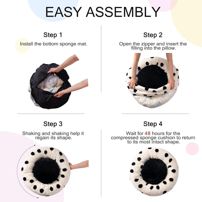 Mewoofun 23-Inch Donut Cat Bed – Black Dot Patterned Round Plush Pet Bed – Calming Anxiety-Relief Bed for Indoor Cats & Small Dogs