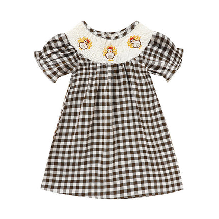 Baby Girl Thanksgiving Turkey Dress – Green Plaid Short Sleeve Party Costume – Toddler Autumn Holiday Ruffle Dress