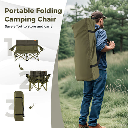 Oversized Padded Double Camping Chair – Thickened 2-Person Loveseat Couch – Heavy Duty Folding Seat with Cup Holders – Black & Gray