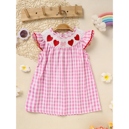 Baby Girl Valentine's Day Smocked Dress – Pink Plaid Heart Embroidery Party Outfit – Ruffle Sleeve Vintage Style Holiday Dress