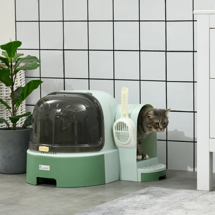 High-Sided Open Cat Litter Box – Anti-Splashing Kitty Litter Pan with Scoop – Easy-to-Clean Modern Pet Washroom (Green)