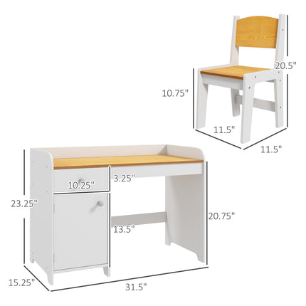 Kids' Study Desk and Chair Set with Built-in Bookshelf – Children's Writing Table with Storage Drawers – Ergonomic Student Workstation, White