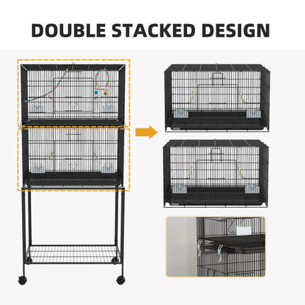 Double Stackable Bird Cage with Rolling Stand – 2-Tier Wrought Iron Flight Cage for Canaries & Finches – Detachable Breeding Cage on Wheels