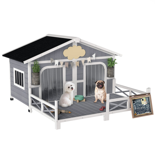 Luxury Double-Room Wooden Dog House with Porch – Openable Roof & Removable Floor – Weatherproof Outdoor Kennel for 2 Small/Medium Dogs (Gray)