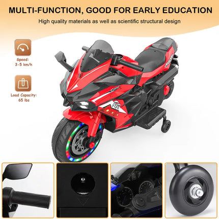 12V Kids Electric Ride-On Motorcycle – Sport Bike with Glowing LED Wheels & Bluetooth Music – Battery Powered 3-Wheel Tricycle for Boys & Girls 3-6 Years (Red)