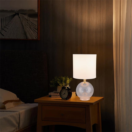 Minimalist Glass Table Lamp with Cylindrical Fabric Shade – Modern Bedside Nightstand Lamp for Bedroom & Living Room – Clear Glass Base