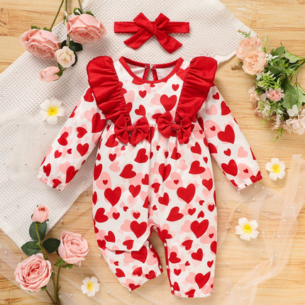 Baby Girl Valentine's Day Romper – Heart Print Long Sleeve Bodysuit with Ruffle Trim & Bow – Sweetheart Holiday Outfit