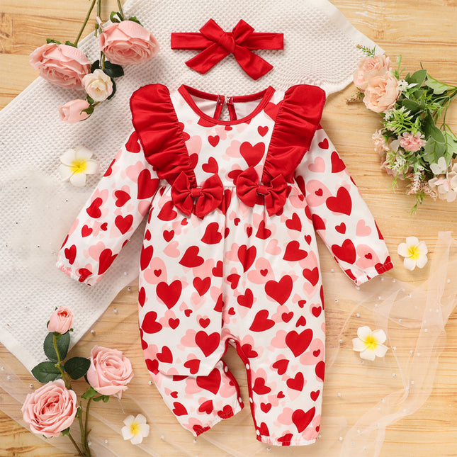 Baby Girl Valentine's Day Romper – Heart Print Long Sleeve Bodysuit with Ruffle Trim & Bow – Sweetheart Holiday Outfit