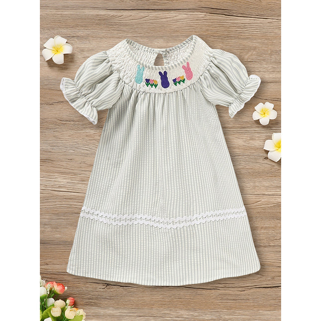 Baby Girl Easter Bunny Smocked Dress – Hand-Embroidered Rabbit & Carrot Party Outfit – Vintage Style Short Sleeve Spring Dress