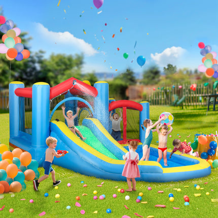 Inflatable Water Slide & Bounce House – Giant Splash Pool Play Center with 550W Blower – Trampoline, Basketball Hoop & Dart Board