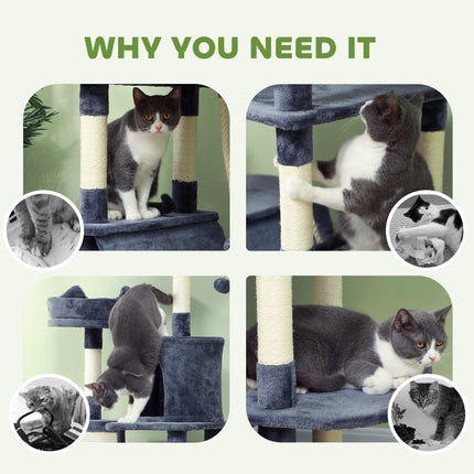 81" Giant Cat Tree Tower – Multi-Level Cat Condo with Scratching Posts & Board – Luxury Cat Furniture with Hammocks, Beds, and Toy Balls (Grey)