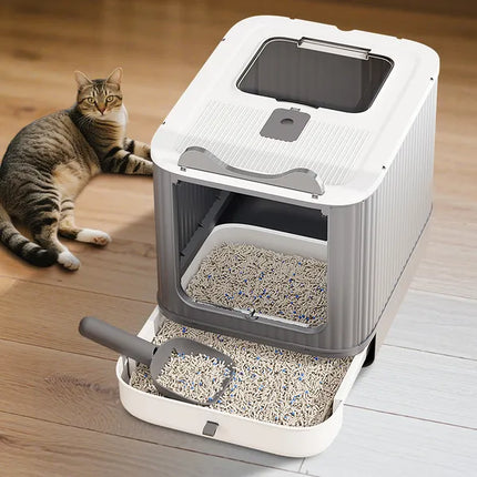 Elevated High-Shield Cat Litter Box – Leak-Proof Open Top Litter Pan with Scoop for Multi-Cat Households